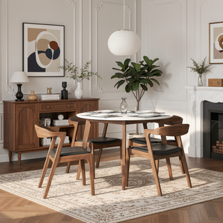 Sunvega Mid-Century Modern Walnut Solid Wood Black Leather Dining Chair Set