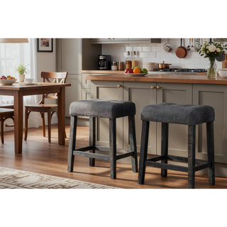 Sunvega Transitional Wood Counter Stool Set of 2 with Upholstered Linen Fabric Cushion