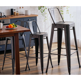 Sunvega Industrial Metal Barstools with Bucket Back in Sanded Matte Black, Set of 4