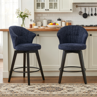 Sunvega 360 Swivel Bar Stools Set of 2 with Solid Wood Legs and Chenille Upholstery