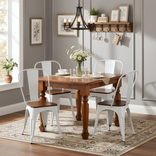 Sunvega High Gloss White Industrial Metal Dining Chairs with Walnut Wooden Seat Set of 4