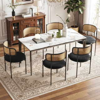 Sunvega Modern Upholstered Dining Chairs Set of 4 with Rattan Backrest and Metal Legs