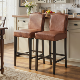 Sunvega Upholstered PU Leather Barstools Set of 2 with Rubberwood Legs 300LBS Capacity