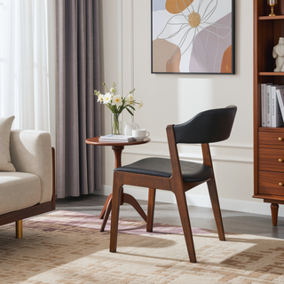 Sunvega Enzo Mid-Century Modern Black PU Leather Dining Chair Set Of 2 with Walnut Base