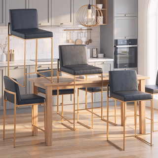 Sunvega Fuji High Back Counter Stool Set of 3 in Gold Steel and Black Faux Leather