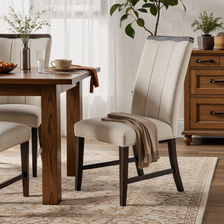 Sunvega Beige Textured Fabric Upholstered Side Chairs with Brown Wooden Finish