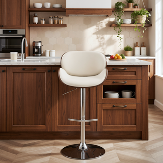 Sunvega Adjustable Bar Stool with Chrome Base and Soft Ecru Leatherette Upholstery