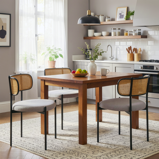 Sunvega Modern Upholstered Dining Chairs Set of 4 with Rattan Backrest and Metal Legs