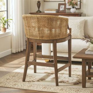 Sunvega Handcrafted Natural Rattan and Linen Upholstery Counter Stool