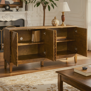 Sunvega Mid Century Modern Fluted Sideboard with Geometric Pattern and Adjustable Shelves