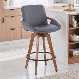 Sunvega Mid-Century Modern Walnut Finish Counter Stool with Faux Leather Seat