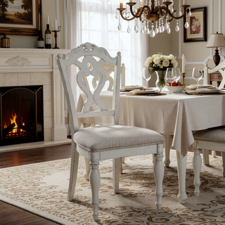 Sunvega Antique White Victorian Style Desk Chair with Gray Upholstered Cushioned Seat