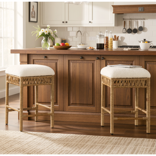 Sunvega Backless Upholstered Counter Stool with Resin Rattan Frame Ivory Boucle