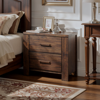 Sunvega Elegant Oak Nightstand with Two Spacious Drawers and Antique Brass Handles
