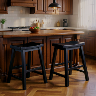 Sunvega Black Finish Bar Height Solid Wood Saddle Seat Stools Set of 2