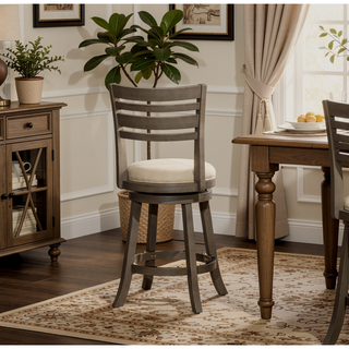 Sunvega Cherry Finish Beige Fabric Slat Back Swivel Stool for Counter Height