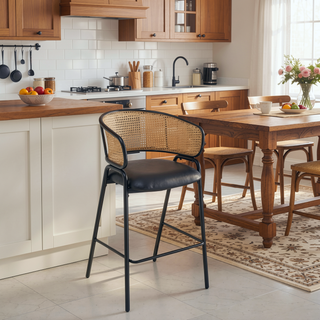 Sunvega Industrial Metal Bar Stools with Faux Leather Seat and Woven Rattan Backrest Set of 2