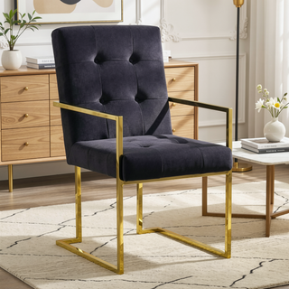 Sunvega Modern Linen Dining Arm Chair with Tufted Design and Gold Metal Base