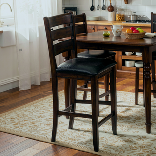 Sunvega Espresso Finish and Black Faux Leather Counter Height Chairs with Ladder Back