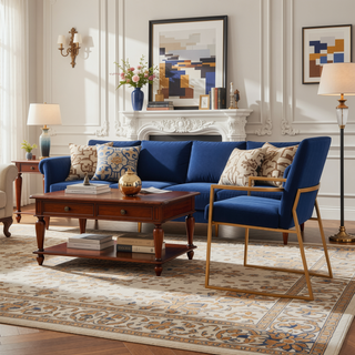 Sunvega Gold and Blue Velvet Upholstered High Back Dining Chairs Set of 2