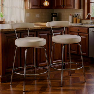 Sunvega Art Deco-Inspired Chrome and Cream Fabric Counter Stool with Swivel Seat