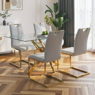Sunvega Modern Faux Leather Upholstered Dining Chairs with Gold Metal Legs Set of 4