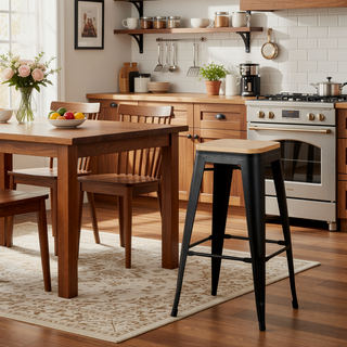 Sunvega Oregon Contemporary Bar Stool in Black Steel and Natural Wood Set of 2