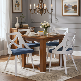 Sunvega White Textured Wood and Blue Fabric Charlotte Farmhouse Chair Set of 2