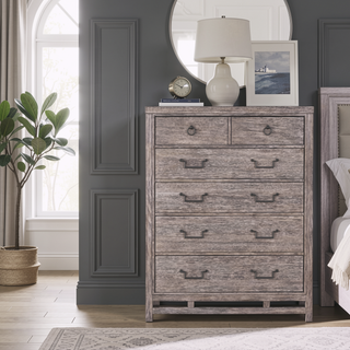 Sunvega Oak Five Drawer Chest with Antique Brass Hardware in Dawn Finish