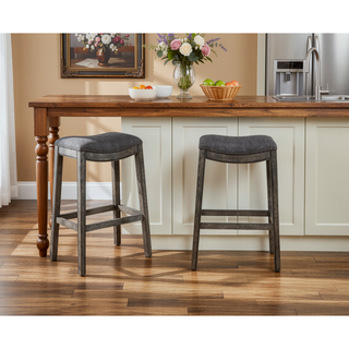 Sunvega Gray Rustic Whitewash Fabric Upholstered Nailhead Trim Saddle Bar Stools
