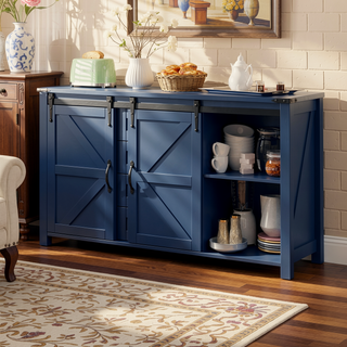Sunvega 55.1-Inch Farmhouse Sideboard with Sliding Barn Doors and 4 Drawers