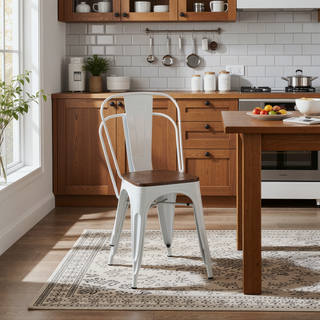 Sunvega High Gloss White Industrial Metal Dining Chairs with Walnut Wooden Seat Set of 4