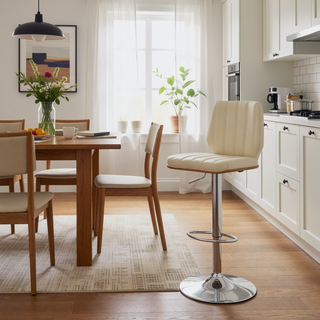 Sunvega Adjustable Swivel Cream Faux Leather Bar Stool with Walnut Back