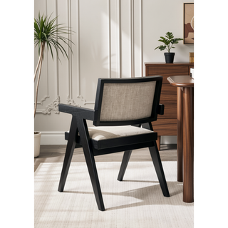 Sunvega Jasper 21 Inch Set of 2 Ebony Black Dining Arm Chairs with Beige Upholstered Seat