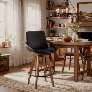 Sunvega Mid-Century Modern Counter Stool with Faux Leather Seat and Walnut Legs