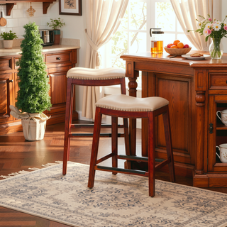 Sunvega Natural Finish Saddle Leather Seat Counter Stool with Footrest and Nail Head Trim