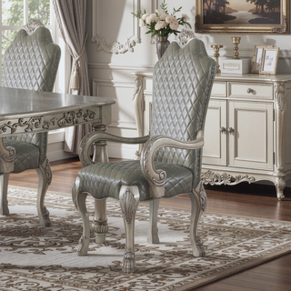 Sunvega Vintage Bone White Faux Leather Arm Chairs with Floral Crown and Claw Legs