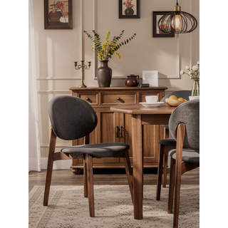 Sunvega Light Brown Linen Upholstered Side Chair with Walnut Finish for Dining Room