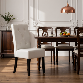 Sunvega Espresso Stained Legs Ivory Bonded Leather Button Tufted Dining Chairs