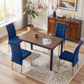 Sunvega Dark Blue Velvet High Back Nordic Dining Chair with Golden Legs Set Of 4