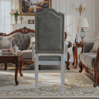 Sunvega Two Tone Grey and Pearl Grey Upholstered Back Arm Chairs with Diamond Grid Pattern and Nailhead Trim, Set of 2