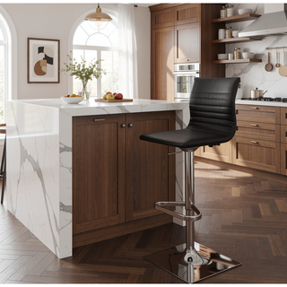 Sunvega Adjustable Swivel Bar Stool in Black Faux Leather with Chrome Base