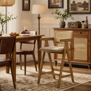 Sunvega Light Walnut Woven Rattan Wood Bar Chair Set with Padded Seats