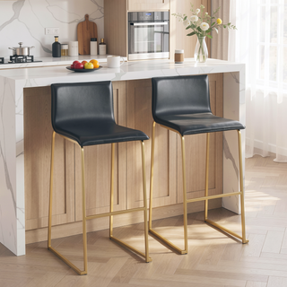 Sunvega Contemporary Gold Steel and Black Faux Leather Barstool Set of 2