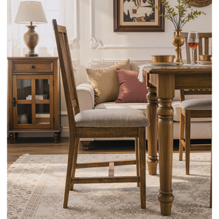 Sunvega Transitional Weathered Oak Finish Tan Linen Upholstered Dining Side Chairs Set of 2