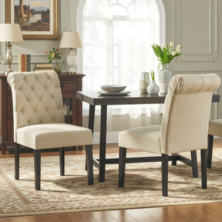Sunvega Ivory Linen Upholstered Tufted Dining Chairs with Rolled Top Set of 2