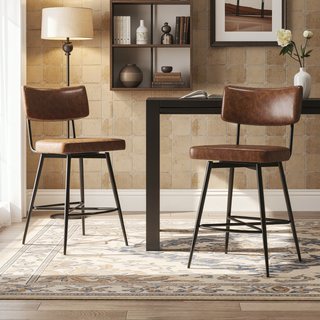 Sunvega Retro Brown Leather Swivel Counter Stools Set of 2 with Iron Frame
