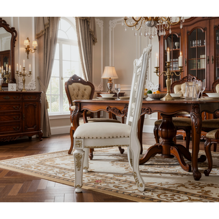 Sunvega Antique Pearl Finish PU Leather Side Chair with Floral Molding Wood Backrest
