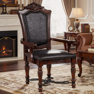 Sunvega Traditional Walnut Solid Wood Dining Chairs with Dark Brown Leatherette Seats