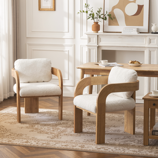 Sunvega Dining Chairs with Pillow Back, Natural Rubber Wood Frame and Beige Fabric, 2-Pack